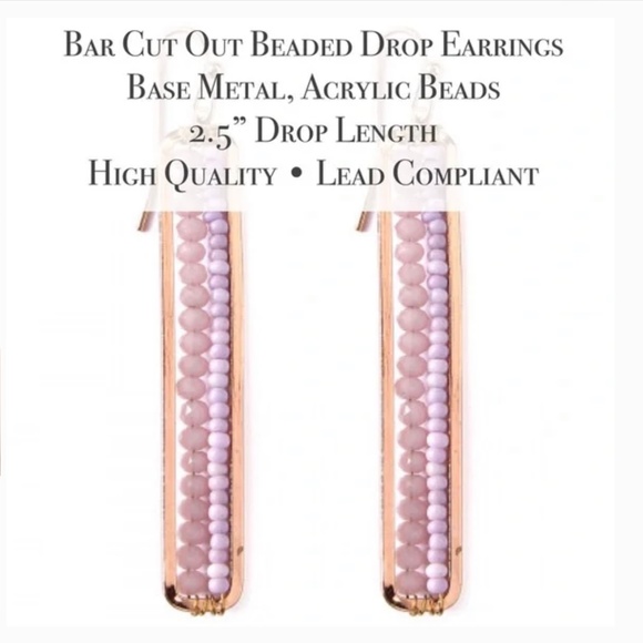 NWT. Gold Tone Bar Cut Out Light Lavender Beaded Pierced Earrings! - Picture 2 of 2